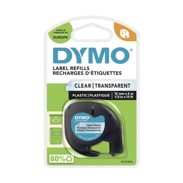 Picture of DYMO 12267 Black on Clear Plastic Letratag Tape - 12mm x 4m